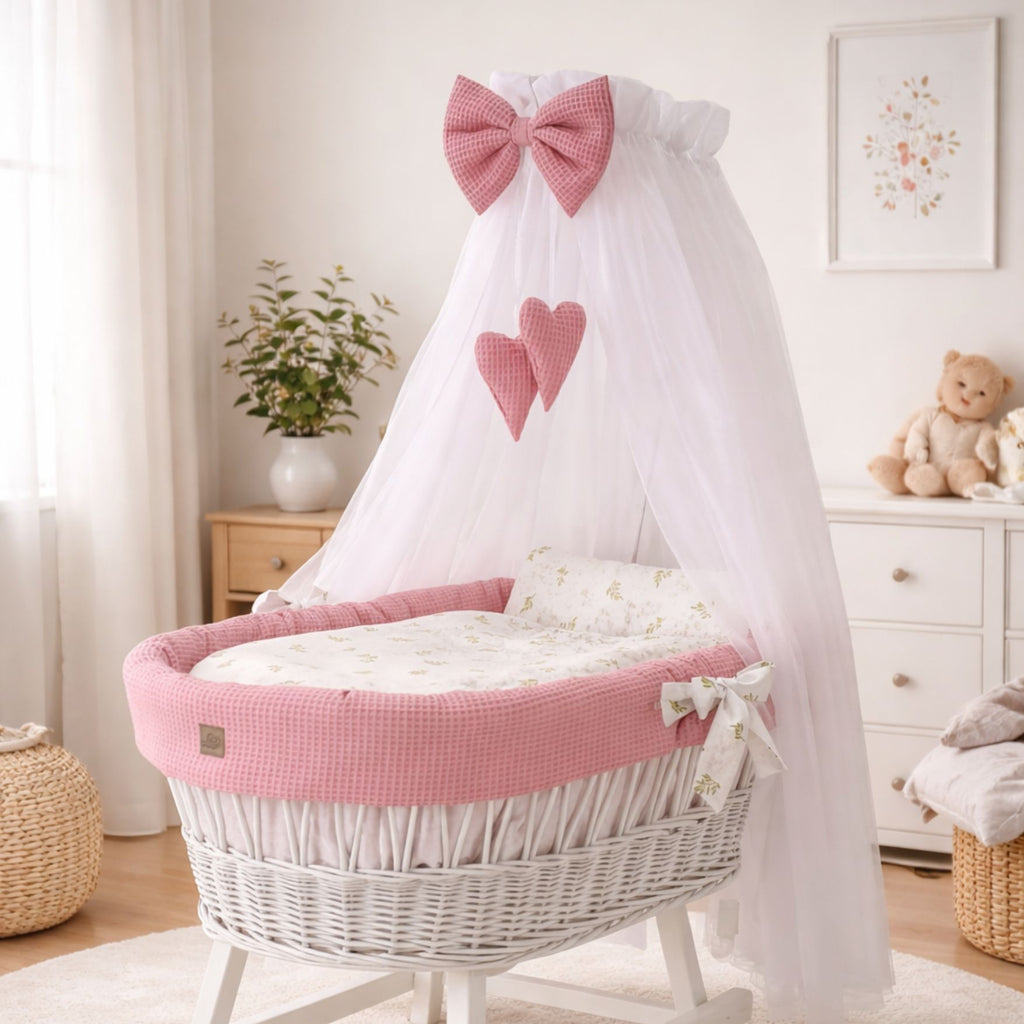 Baby Stubenwagen Set Rosa 5-teilig mit Himmel – Waffelstruktur & Blätter Design | Babymajawelt