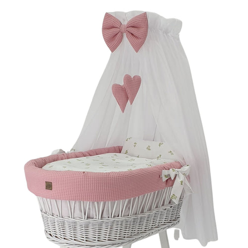 Baby Stubenwagen Set Rosa 5-teilig mit Himmel – Waffelstruktur & Blätter Design | Babymajawelt