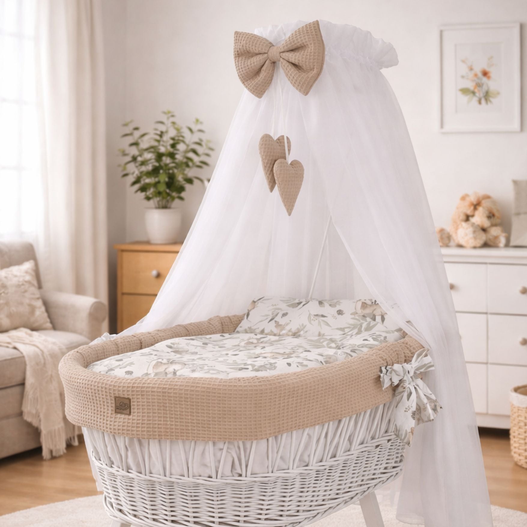 Baby Stubenwagen Set Beige 5-teilig mit Himmel – Waffelstruktur & Reh Design | Babymajawelt