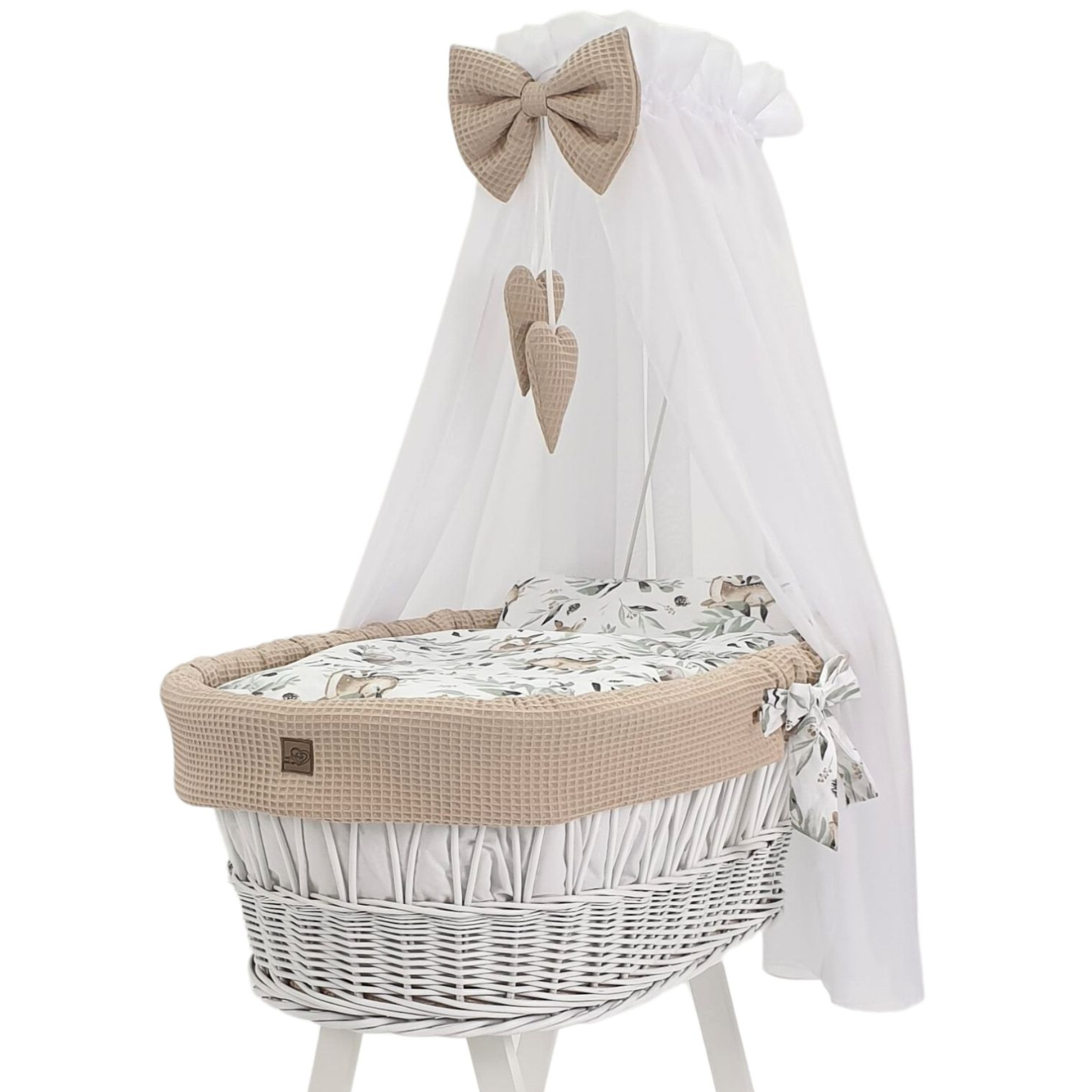 Baby Stubenwagen Set Beige 5-teilig mit Himmel – Waffelstruktur & Reh Design | Babymajawelt