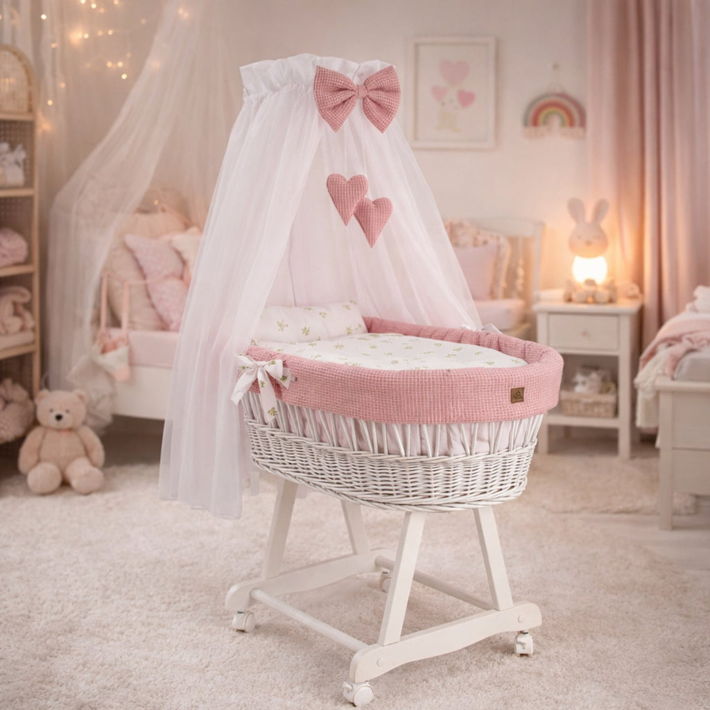 Baby Stubenwagen Set Rosa 5-teilig mit Himmel – Waffelstruktur & Blätter Design | Babymajawelt