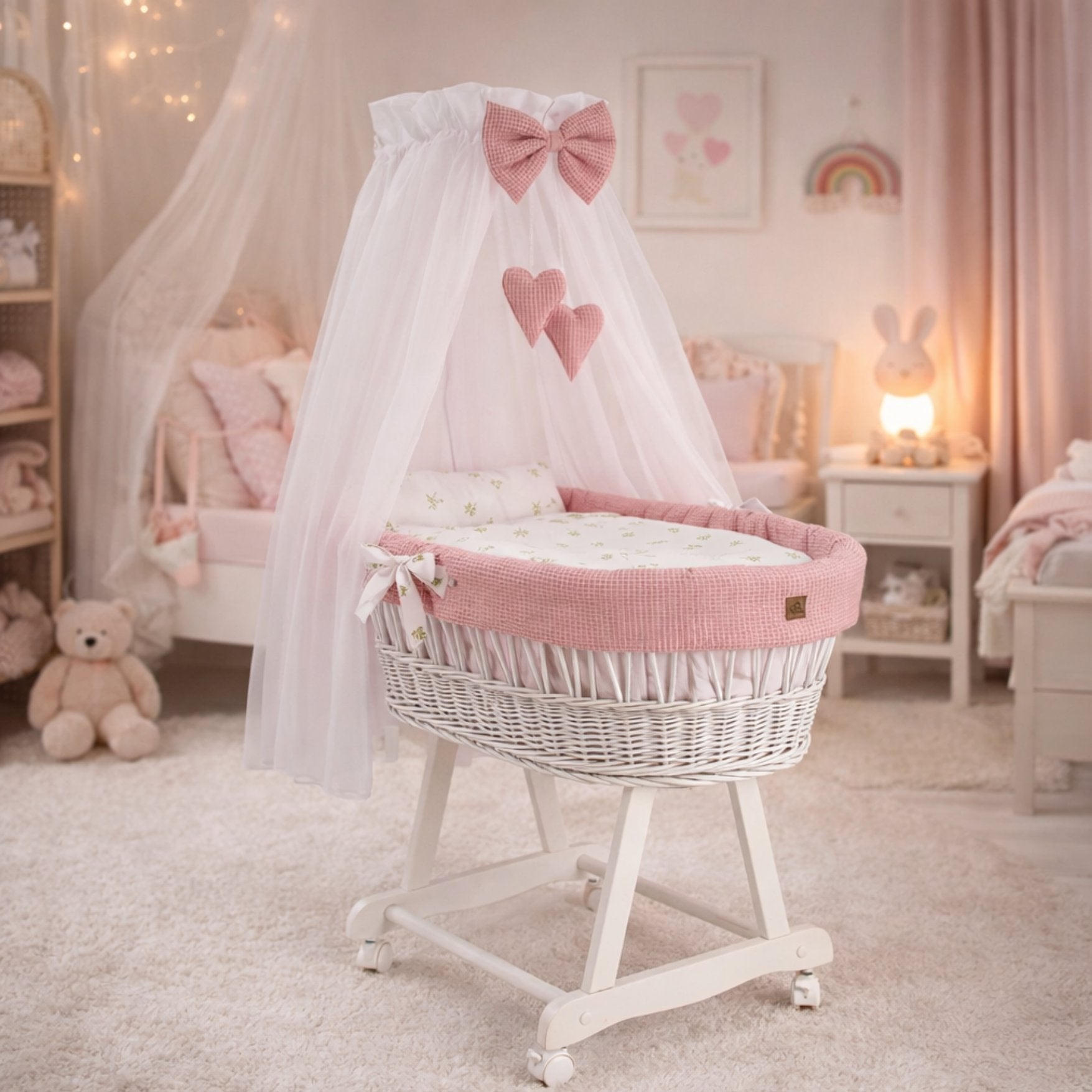 Baby Stubenwagen Set Rosa 5-teilig mit Himmel – Waffelstruktur & Blätter Design | Babymajawelt
