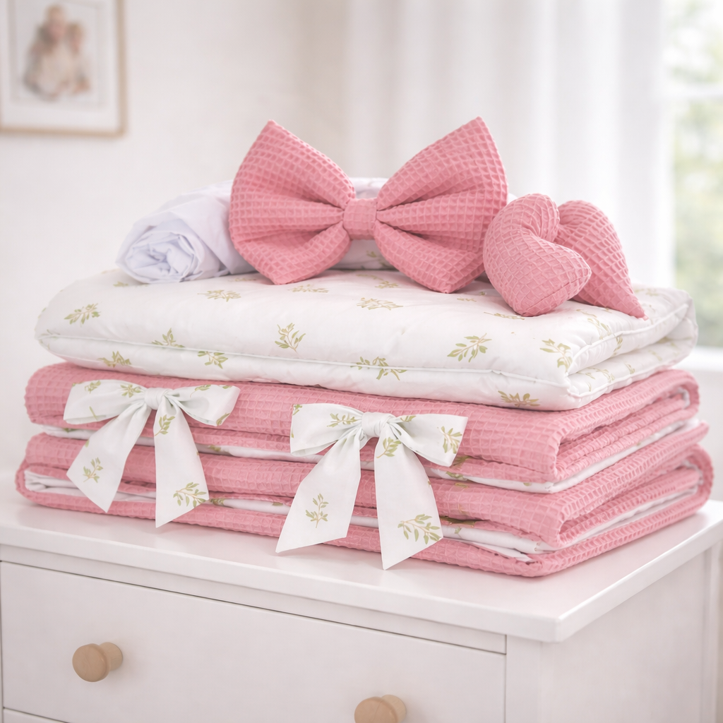 Baby Stubenwagen Set Rosa 5-teilig mit Himmel – Waffelstruktur & Blätter Design | Babymajawelt